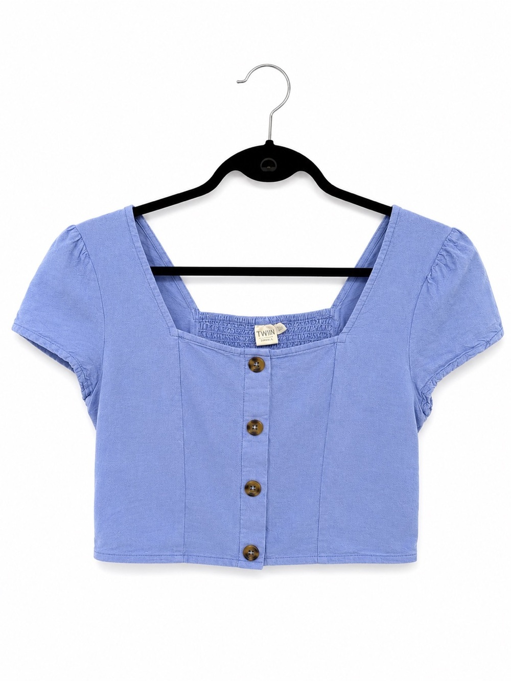 Twik Linen Blend Puff Sleeve Crop Top Blue Small - Picture 2 of 6
